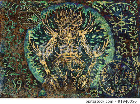 Hand drawn Halloween illustration of old page with wicca and mystic symbols from witch magic spell book. 91940050