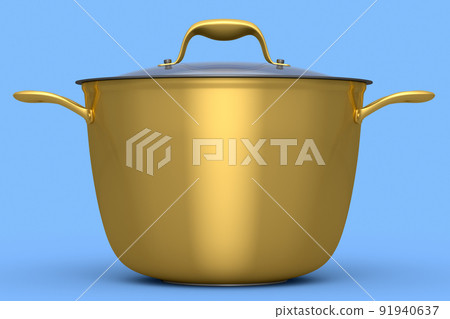 Stainless steel stewpot and chrome plated aluminum cookware on blue background 91940637