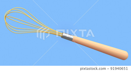 Steel whisk with wooden handle for blending isolated on blue background. Steel whisk with wooden handle for blending isolated on blue background. 91940651