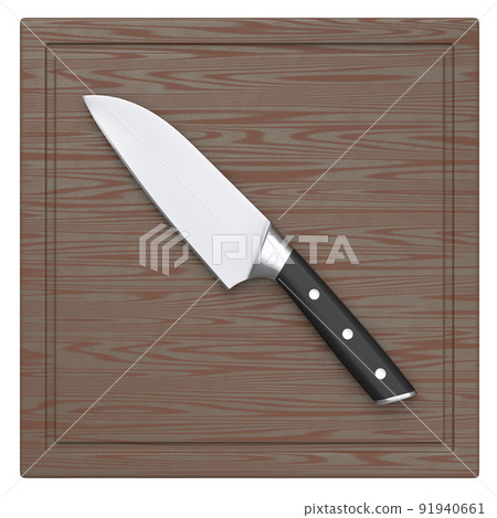 Chef's kitchen knife on a wooden board isolated on white background. 91940661