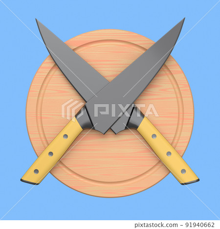 Chef's kitchen knives on a wooden board isolated on blue background. 91940662