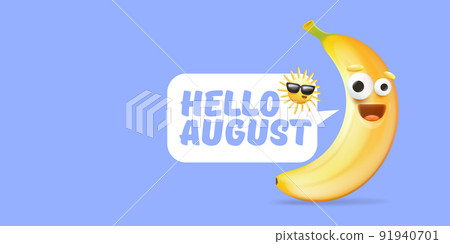 hello August horizontal banner with cartoon sun and funky banana character isolated on summer violet background. Vector 3d clay horizontal hello august scene, poster, flyer, banner and background hello August horizontal banner with cartoon sun and funky banana character isolated on summer violet background. Vector 3d clay horizontal hello august scene, poster, flyer, banner and background 91940701