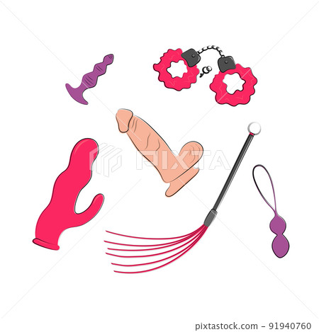 Sex shop stuff. Erotic set. Toys for role play... - Stock Illustration  [91940760]