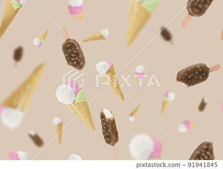 Seamless pattern with ice cream on light brown background. Trendy summer background, texture. Eye-catching design. 3d rendering. 91941845