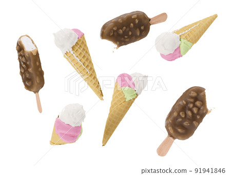 Delicious ice cream isolated on white background. Various ice-cream scoops with assorted balls of vanilla and strawberry icecream in waffles. Chocolate ice-cream with almonds. Cut out. 3d rendering. 91941846