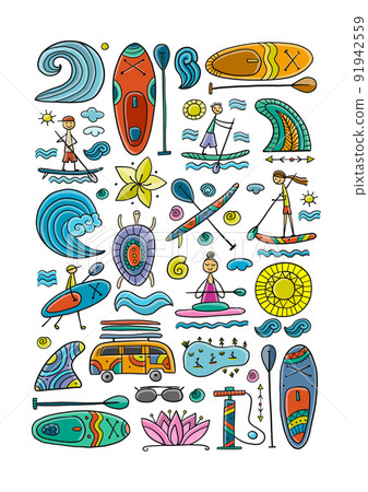 SUP boarding art frame. Stand up paddling background for your design. People on paddle boards and equipment SUP boarding art frame. Stand up paddling background for your design. People on paddle boards and equipment 91942559