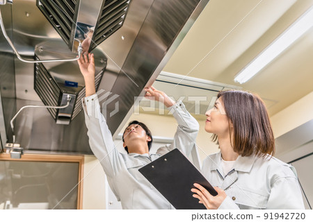 Workers checking kitchen utensils for business use Ventilation device 91942720