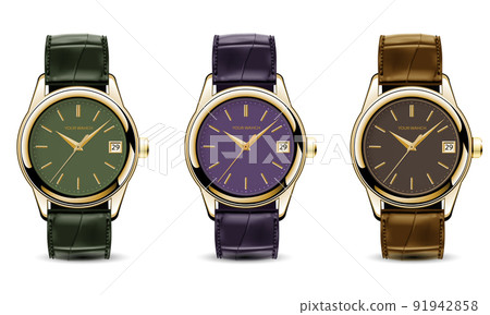 Realistic watch clock gold leather strap green purple brown collection on white design classic luxury vector Realistic watch clock gold leather strap green purple brown collection on white design classic luxury vector 91942858