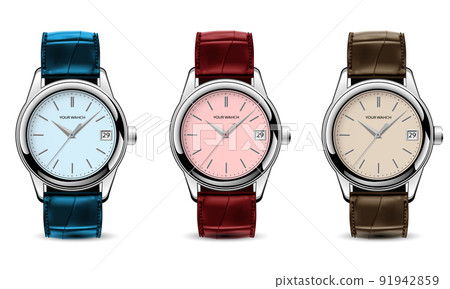 Realistic watch clock silver leather strap blue red brown collection on white design classic luxury vector 91942859