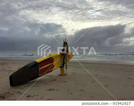 Surfers Paradise beach, lifeguard surfboard 91942927