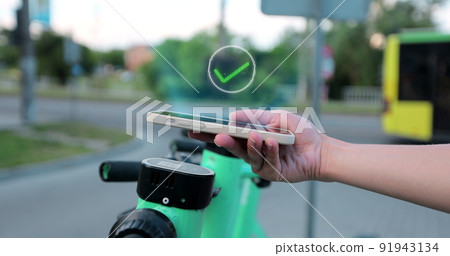 Close up of woman take rent electric scooter, animation 3d motion design graphic. NFC contactless locker in sharing parking lot. Tourist phone application. 91943134