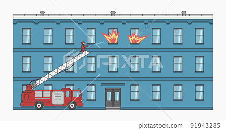 firefighter put out fire in a building with fire engine 91943285