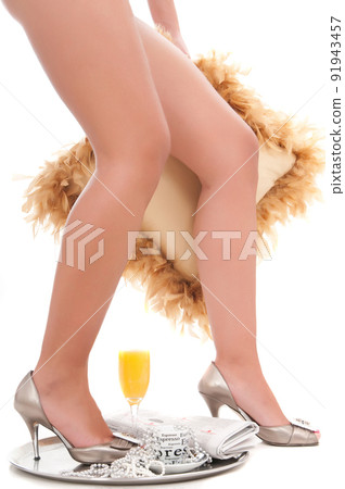 long woman legs with breakfast elements 91943457