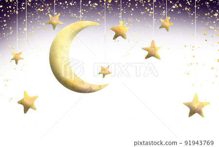 Horizontal frame with the moon and suspended stars. Watercolor illustration. For the design of children's cards, posters, metrics, souvenirs, invitations, bedroom, stickers, certificates, ads. 91943769