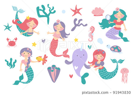 Vector set of cute mermaids and sea plants. Funny cartoon characters and corals are isolated on white. Summer clipart with mermaid girls EPS 91943830