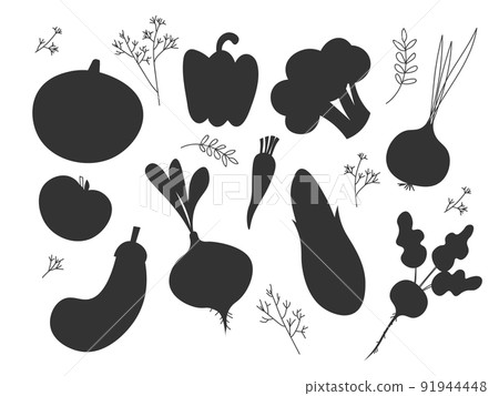 Set black silhouette various vegetables on a white background. Abstract design logo. Logotype art - vector EPS 91944448