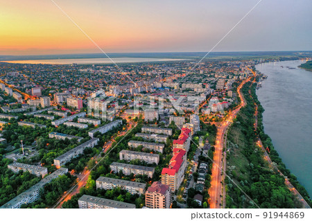 Aerial view of Galati City, Romania. Night city lights after sunset at blue hour Aerial view of Galati City, Romania. Night city lights after sunset at blue hour 91944869