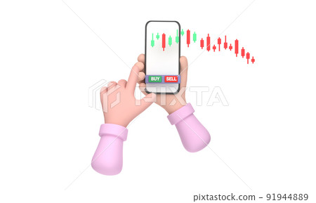 Stock market business scene. Pushing green buy button on smartphone. Money and world economy concept. Stock market business scene. Pushing green buy button on smartphone. Money and world economy concept. 91944889