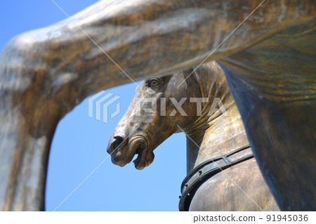 Ancient bronze horses inside Basilica di San Marco in Venice. Famous quadriga from Constantinople, monument of Byzantine art. St Mark's Basilica is top landmark of Venice 91945036