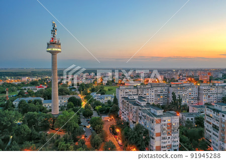 Aerial view of Galati City, Romania. Night city lights after sunset at blue hour Aerial view of Galati City, Romania. Night city lights after sunset at blue hour 91945288