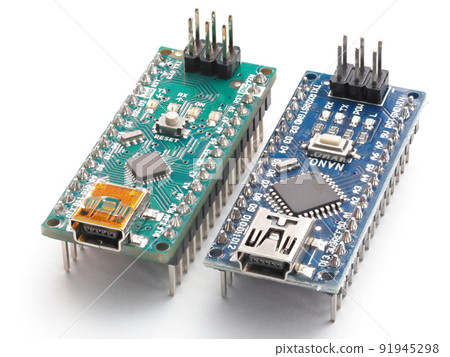 Original Arduino Nano near compatible board for the implementation of electronics and robotics projects. Isolated on white background. Original Arduino Nano near compatible board for the implementation of electronics and robotics projects. Isolated on white background. 91945298