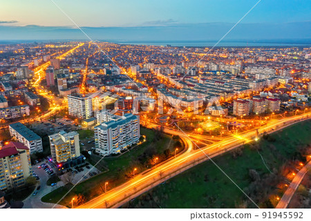 Aerial view of Galati City, Romania. Night city lights after sunset at blue hour 91945592