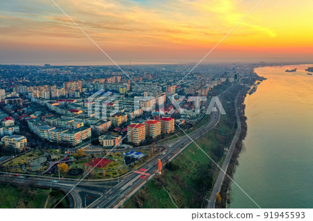 Aerial view of Galati City, Romania. Night city lights after sunset at blue hour 91945593