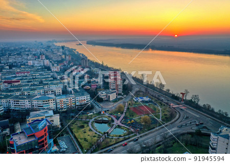 Aerial view of Galati City, Romania. Night city lights after sunset at blue hour 91945594