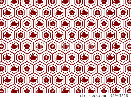 Rabbit and plum turtle shell pattern illustration red 91945828