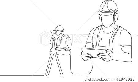 Caucasian worker with helmet on head using tablet Caucasian worker with helmet on head using tablet 91945923