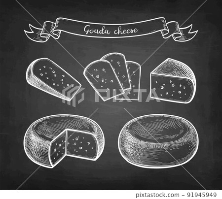 Gouda cheese chalk sketch set. 91945949