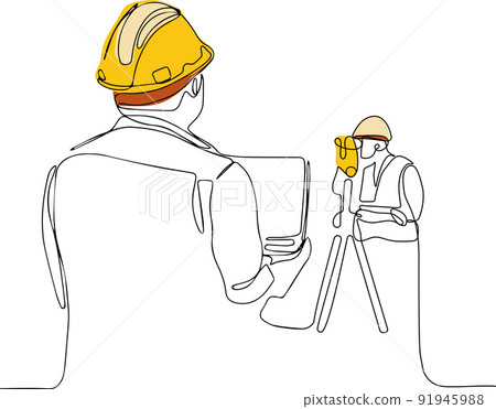 Caucasian worker with helmet on head using tablet 91945988