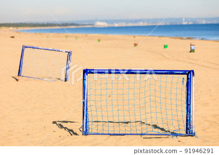 football gate on sandy beach soccer goal football gate on sandy beach soccer goal 91946291