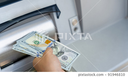 Atm cash machine money. Woman withdraw money dollar bill. Holding american hundred cash. Money dollar, bank credit card. Atm cash machine money. Woman withdraw money dollar bill. Holding american hundred cash. Money dollar, bank credit card. 91946810