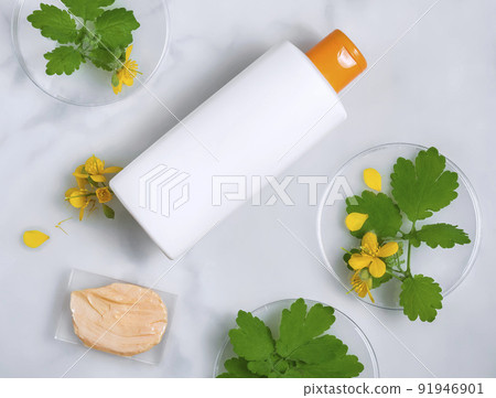 natural cosmetic cream , skincare blank bottle packaging with celandine. bio organic product.beauty and spa concept natural cosmetic cream , skincare blank bottle packaging with celandine. bio organic product.beauty and spa concept 91946901