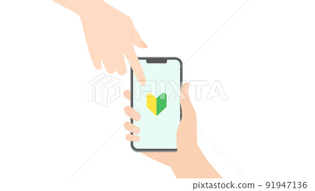 一個人拿著智能手機，上面有初學者的標記，女人的手指著它 91947136
