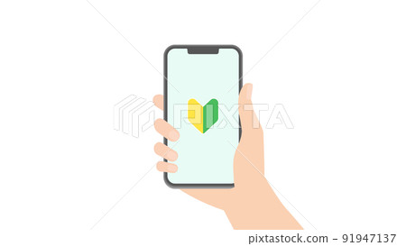 手持帶有初學者標記的智能手機的人的手 91947137