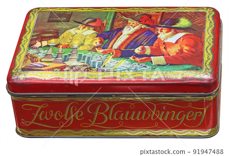 Old red Vintage rectangular metal box, decorated with Dutch motifs Old red Vintage rectangular metal box, decorated with Dutch motifs 91947488