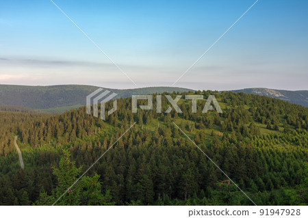Vresnik, view from upper water reservoir of the pumped storage hydro power plant Dlouhe Strane in Jeseniky Mountains, Czech Republic. 91947928