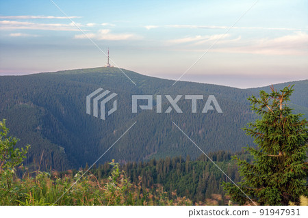 Top of the Praded mountain, view from upper water reservoir of the pumped storage hydro power plant Dlouhe Strane in Jeseniky Mountains, Czech Republic. Top of the Praded mountain, view from upper water reservoir of the pumped storage hydro power plant Dlouhe Strane in Jeseniky Mountains, Czech Republic. 91947931