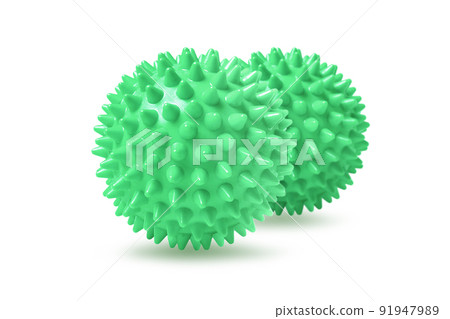 Two green spiny massage balls isolated on white. Concept of physiotherapy or fitness. Closeup of a colorful rubber ball for dog teeth on a white color background. Corona virus model. 91947989