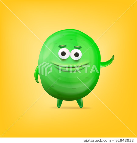 Vector cartoon funny green alien monster isolated on yellow background. Smiling silly green monster print sticker design template. Cute Ghost, troll, gremlin, goblin, devil and halloween monster 91948038