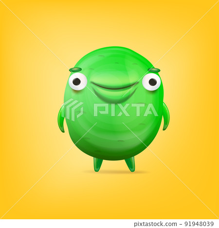 Vector cartoon funny green alien monster isolated on yellow background. Smiling silly green monster print sticker design template. Cute Ghost, troll, gremlin, goblin, devil and halloween monster 91948039