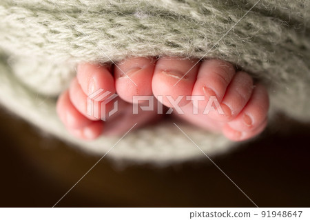 Soft feet of a newborn in a white woolen blanket. Close-up of toes, heels and feet of a newborn baby. The tiny foot of a newborn. Studio Macro photography. Baby feet covered with isolated background.  91948647