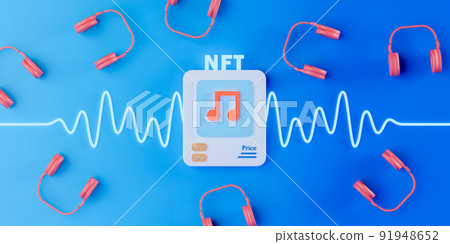 3d rendering concept NFT or non fungible token for music with neon sound wave and red headphones on blue gradient background. 91948652