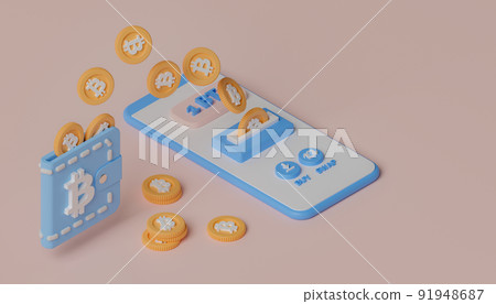 Isometric 3d rendering concept cryptocurrency digital wallet illustration. Smartphone with bitcoin and wallet. 91948687