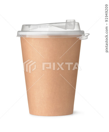 Brown disposable paper coffee cup with transparent plastic lid 91949209