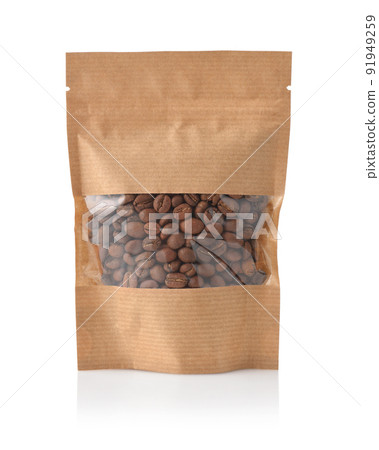 Front view of roasted coffee beans in paper bag 91949259