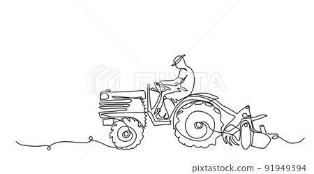 Tractor driver farmer, man. Vector background, banner, poster,agriculture machinery concept. One continuous line art drawing illustration tractor driver 91949394