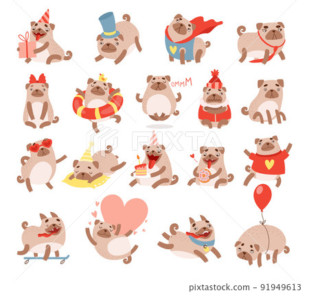 Funny Pug Dog with Cute Snout Engaged in Different Activity Vector Big Set Funny Pug Dog with Cute Snout Engaged in Different Activity Vector Big Set 91949613